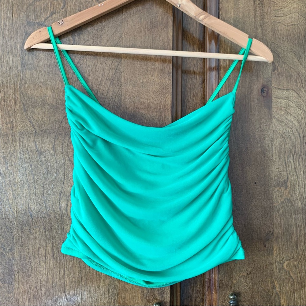 Green Draped Cowl Neck Spaghetti Strap Top